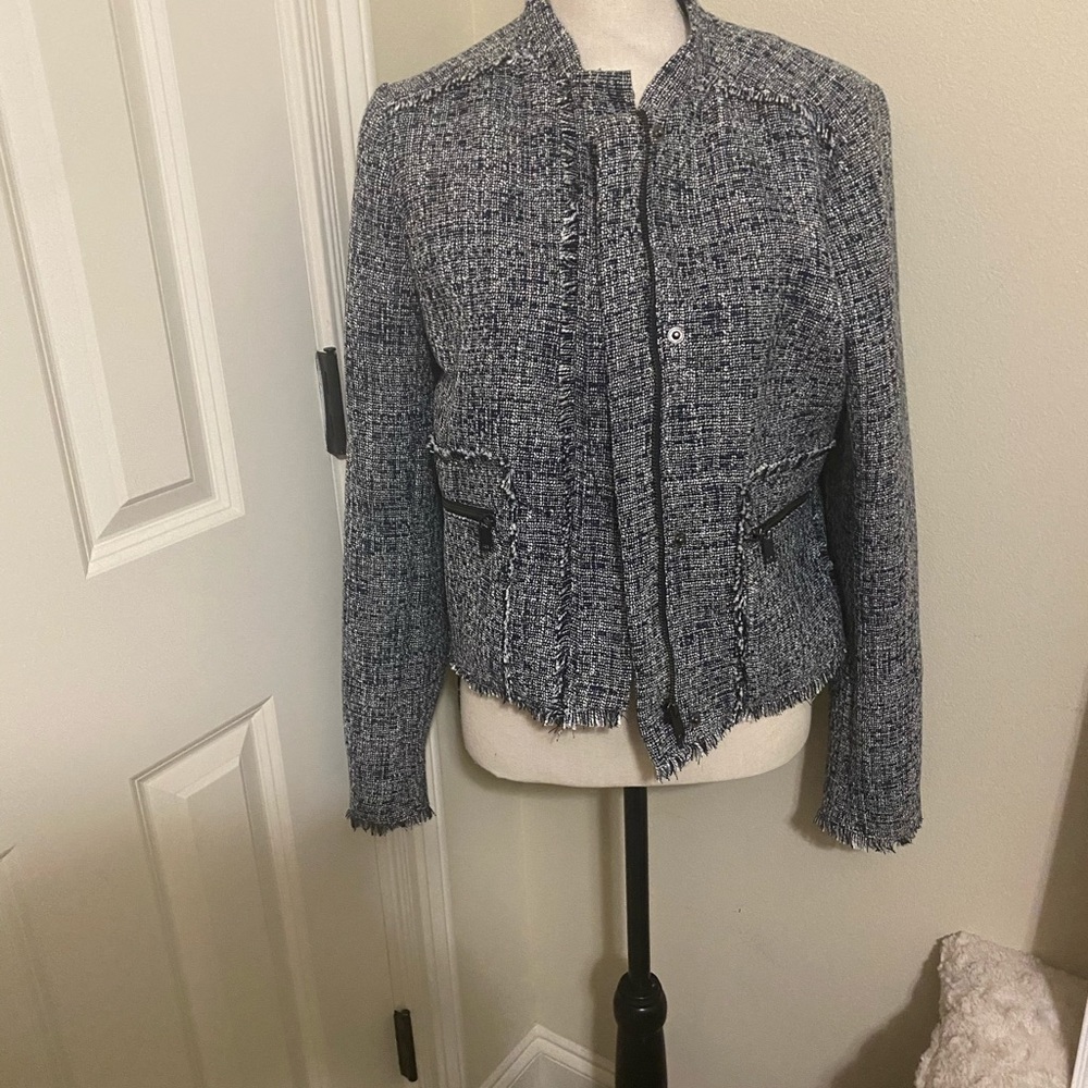 Banana Republic Tweed Fringe Zip Front Blazer